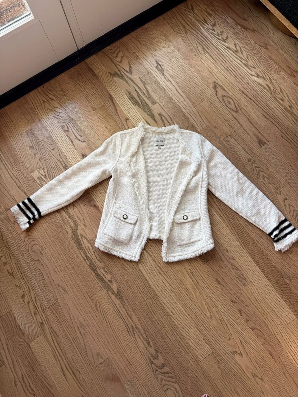 NIC+ZOE Ivory Fringe Trim Knit Jacket Navy Stripe Cuffs Flap Pockets M